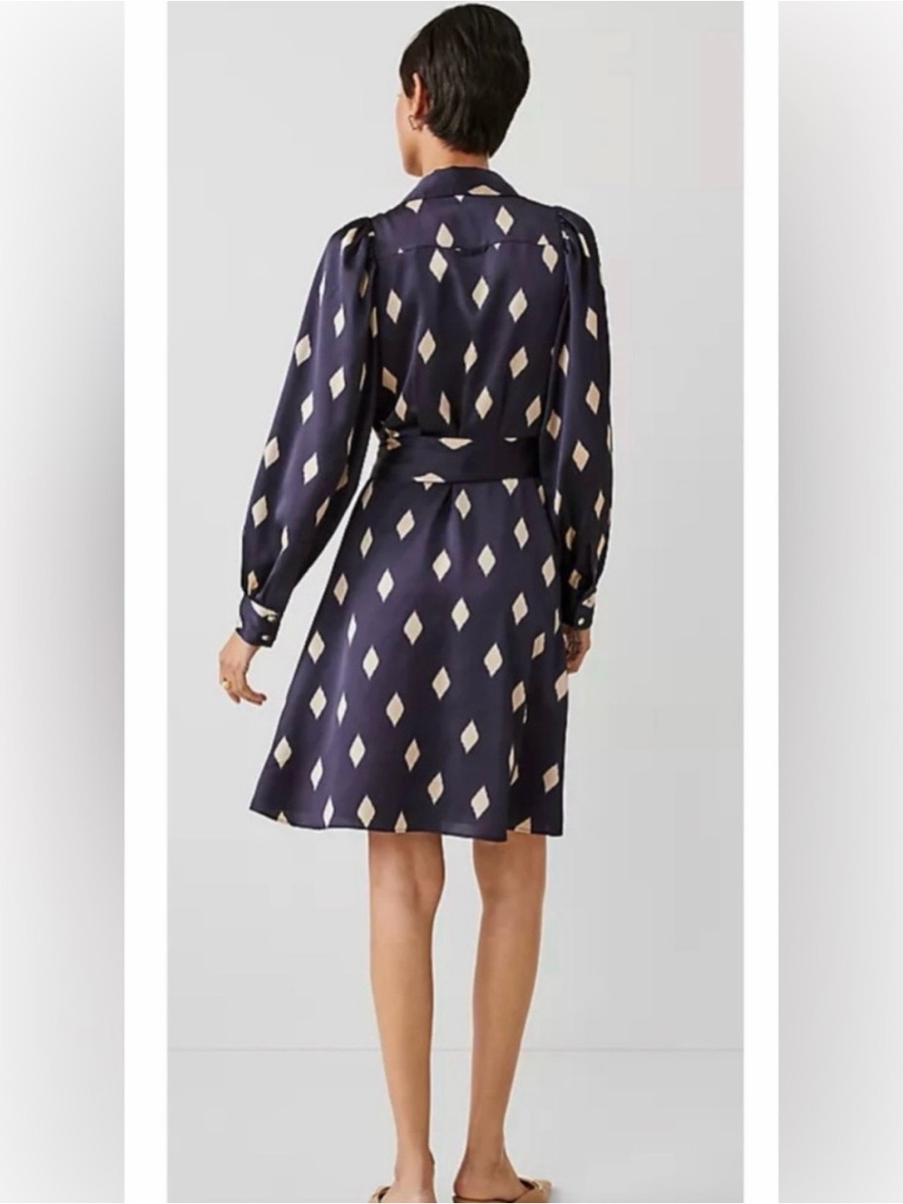 Ann Taylor Navy Diamond-Print Long Sleeve Shirt Dress - Picture 2 of 4